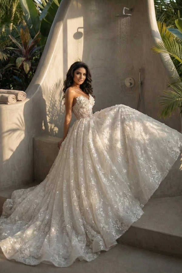 Sequin Lace Ball Gown Wedding Dress with 3D Floral Bodice and Lace-Up Back