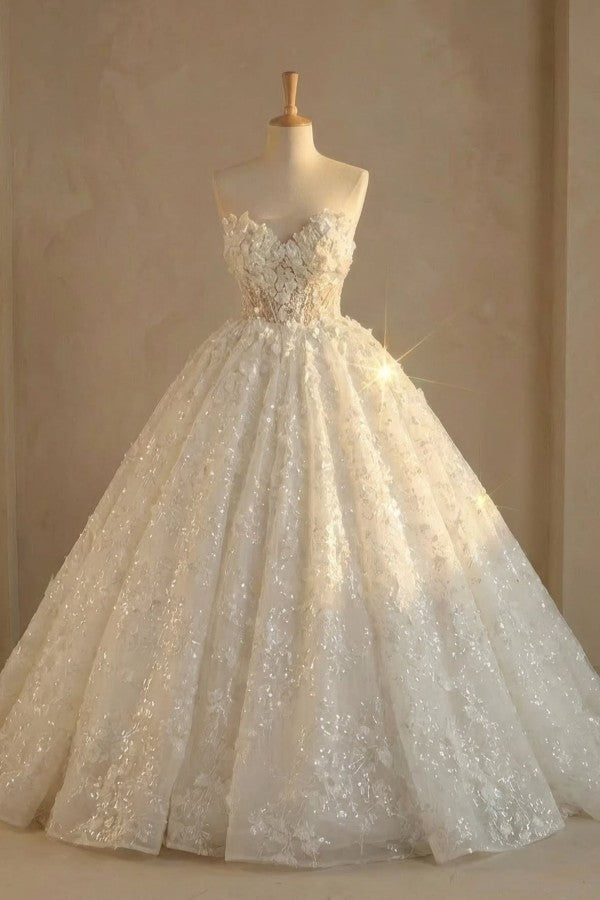 Sequin Lace Ball Gown Wedding Dress with 3D Floral Bodice and Lace-Up Back