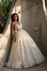 Sequin Lace Ball Gown Wedding Dress with 3D Floral Bodice and Lace-Up Back
