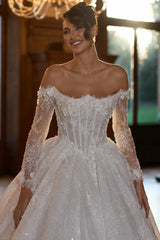 Sequin Lace Ball Gown Wedding Dress with Sheer Corset and Illusion Sleeves