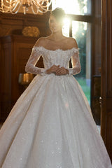 Sequin Lace Ball Gown Wedding Dress with Sheer Corset and Illusion Sleeves