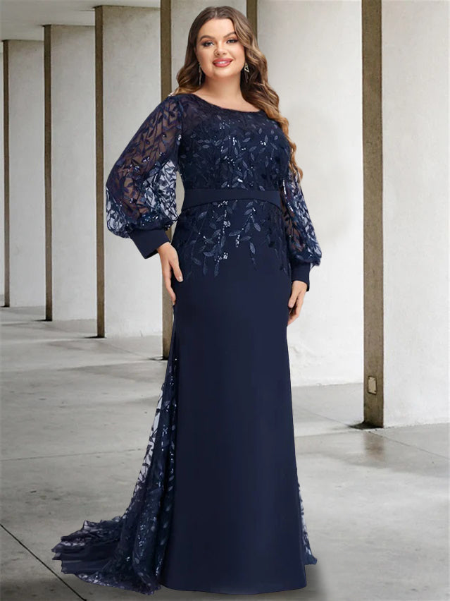 Sequined Floor-Length Mother of the Bride Dress with Scoop Neck and Long Sleeves