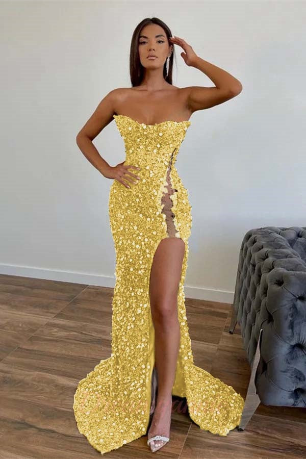 Sequined Strapless Prom Dress Mermaid Beaded Evening Dress With Split