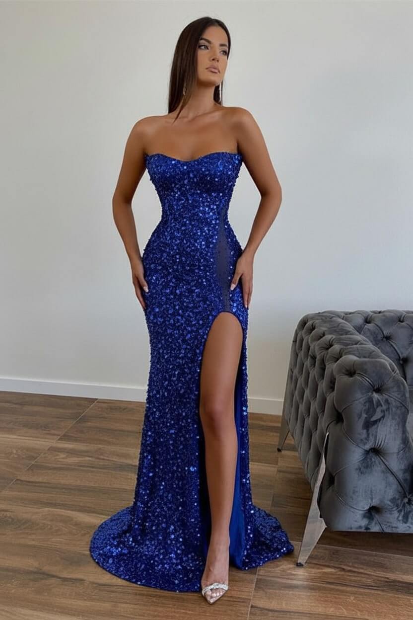 Sequined Strapless Prom Dress Mermaid Beaded Evening Dress With Split