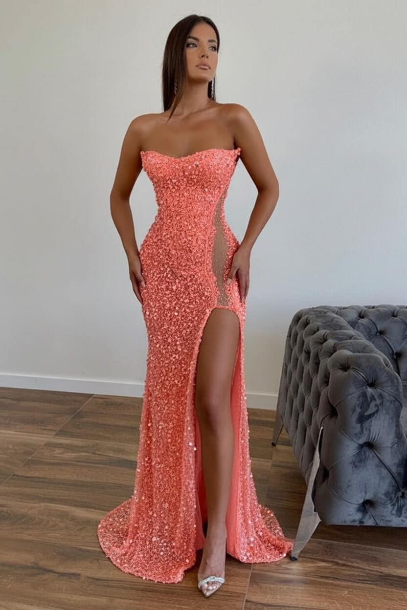 Sequined Strapless Prom Dress Mermaid Beaded Evening Dress With Split