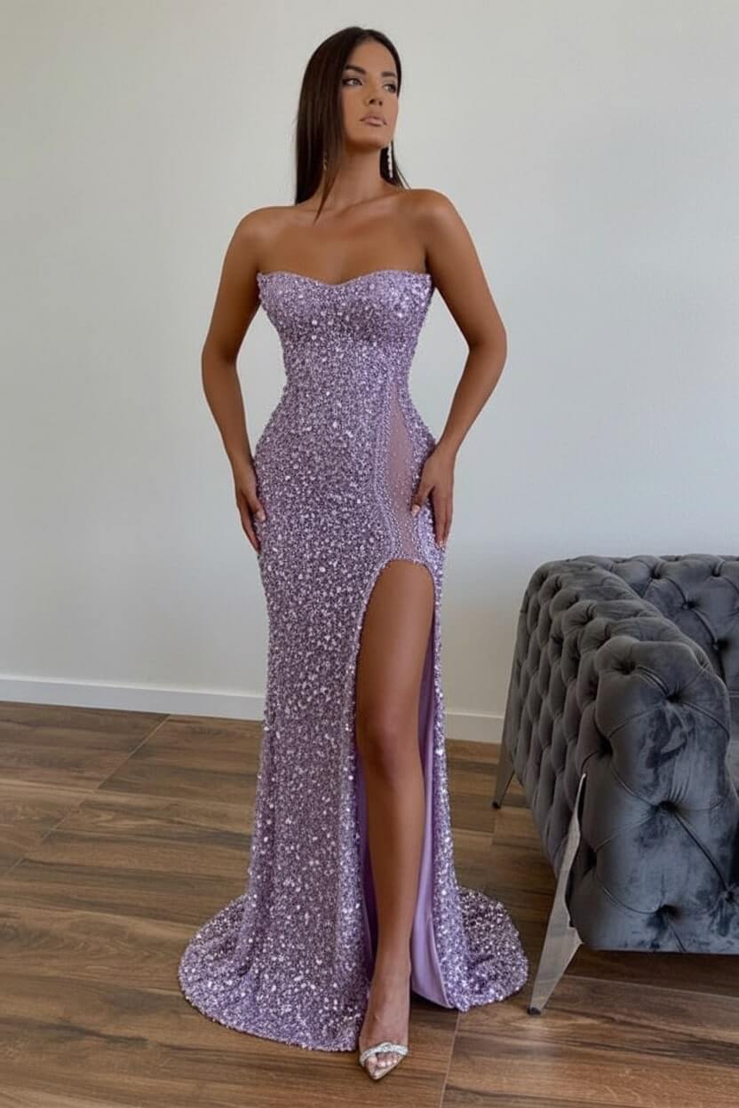 Sequined Strapless Prom Dress Mermaid Beaded Evening Dress With Split