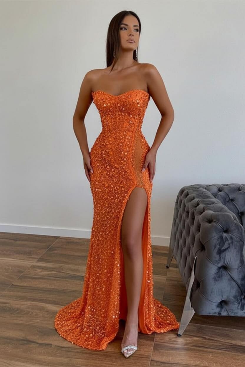 Sequined Strapless Prom Dress Mermaid Beaded Evening Dress With Split