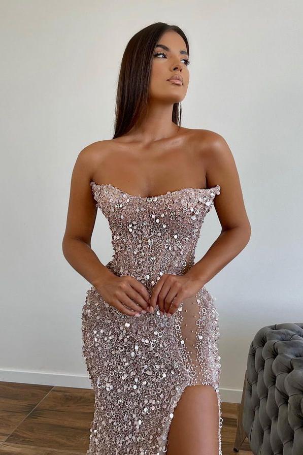 Sequined Strapless Prom Dress Mermaid Beaded Evening Dress With Split
