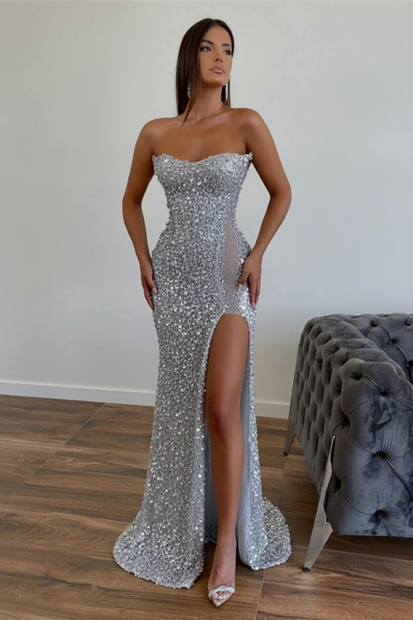 Sequined Strapless Prom Dress Mermaid Beaded Evening Dress With Split