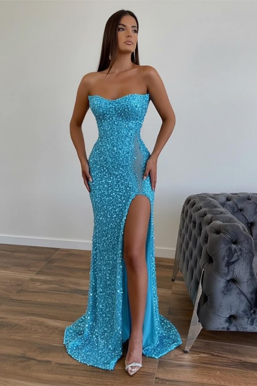 Sequined Strapless Prom Dress Mermaid Beaded Evening Dress With Split