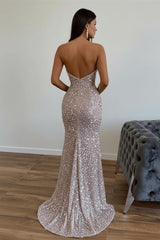 Sequined Strapless Prom Dress Mermaid Beaded Evening Dress With Split