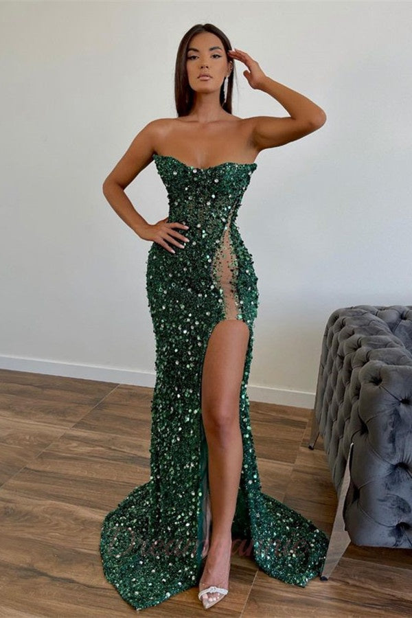 Sequined Strapless Prom Dress Mermaid Beaded Evening Dress With Split