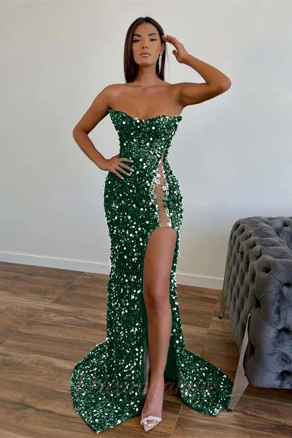 Sequined Strapless Prom Dress Mermaid Beaded Evening Dress With Split