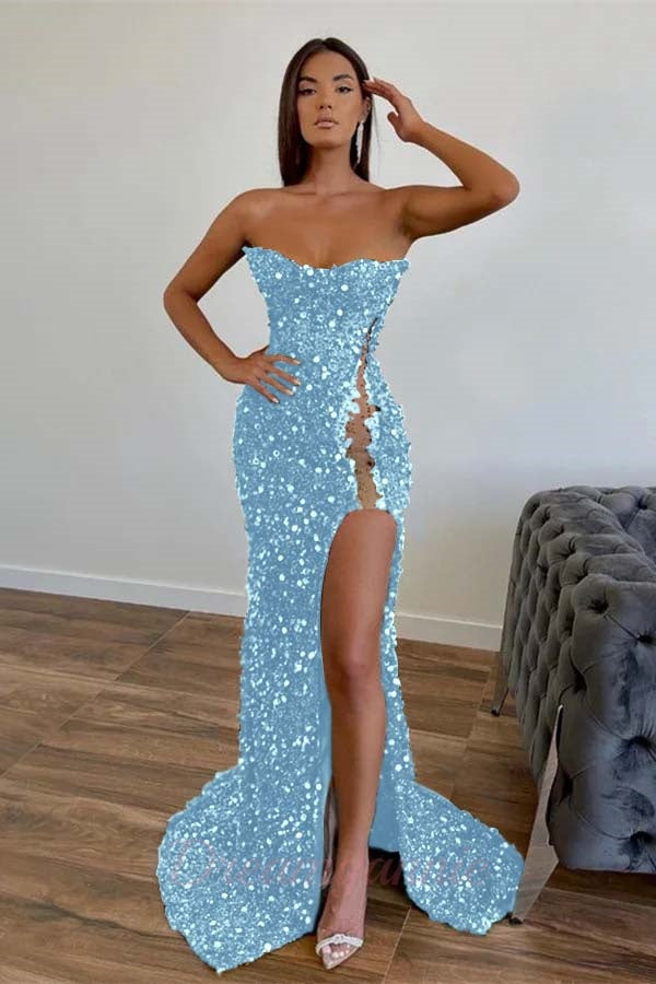 Sequined Strapless Prom Dress Mermaid Beaded Evening Dress With Split