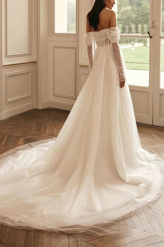 Sequined Wedding Dresses with A-Line Off-The-Shoulder Long Sleeves