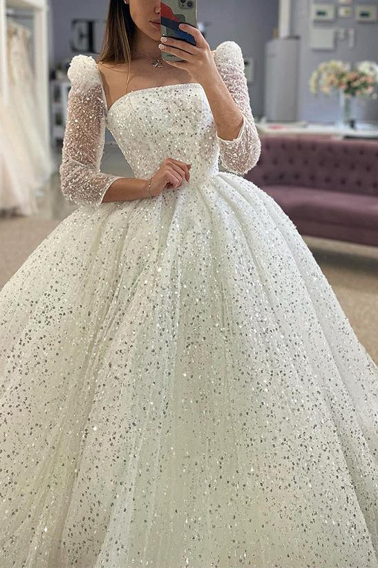 Sequined Wedding Dresses with Ball-Gown Square Neckline and Long Sleeves