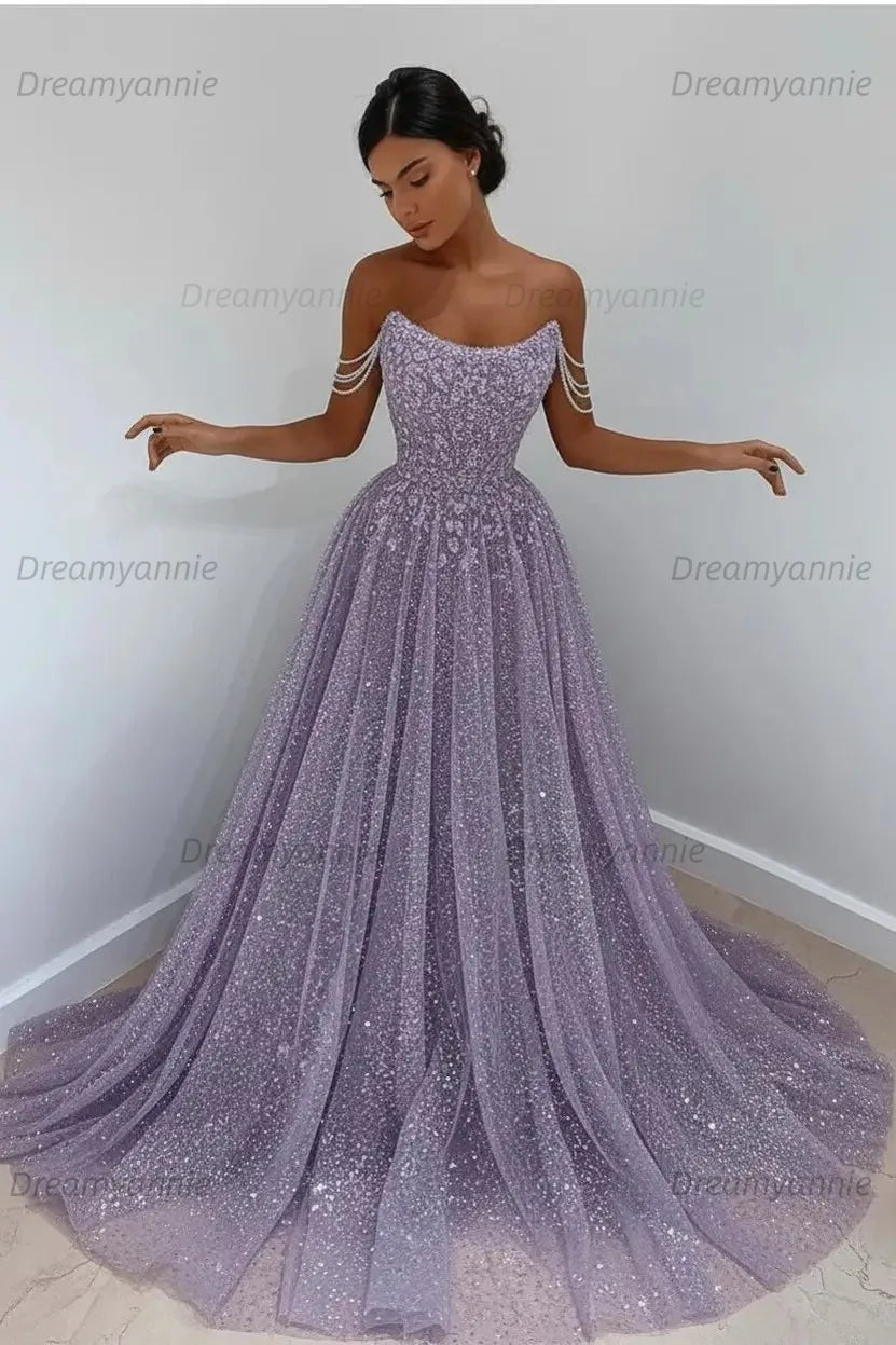 Light Blue Sequined Prom Dresses Off the Shoulder A Line Evening Dresses