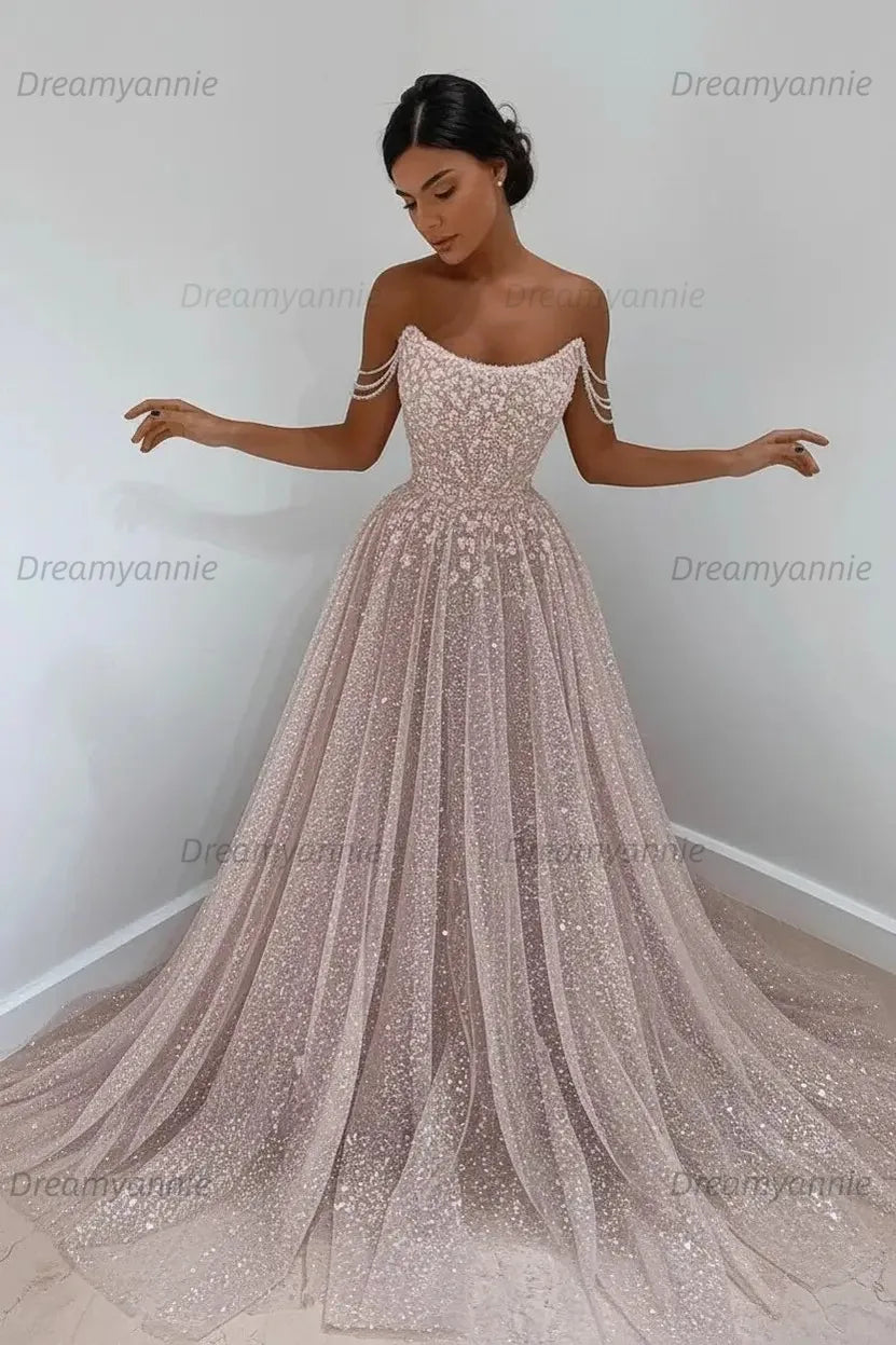 Light Blue Sequined Prom Dresses Off the Shoulder A Line Evening Dresses