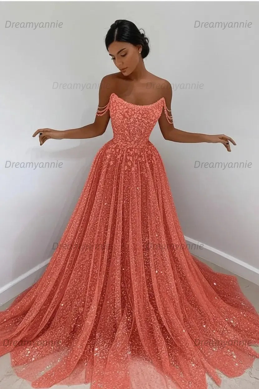 Light Blue Sequined Prom Dresses Off the Shoulder A Line Evening Dresses
