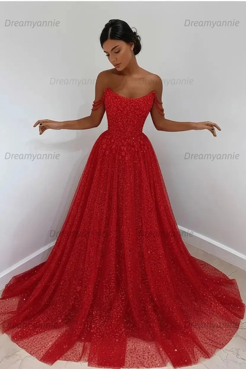Light Blue Sequined Prom Dresses Off the Shoulder A Line Evening Dresses
