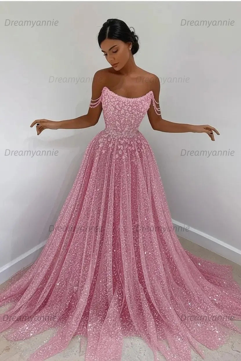 Light Blue Sequined Prom Dresses Off the Shoulder A Line Evening Dresses