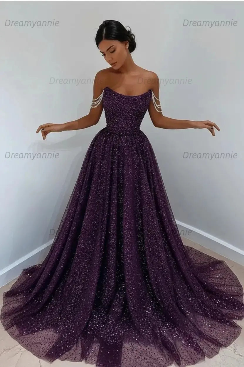 Light Blue Sequined Prom Dresses Off the Shoulder A Line Evening Dresses