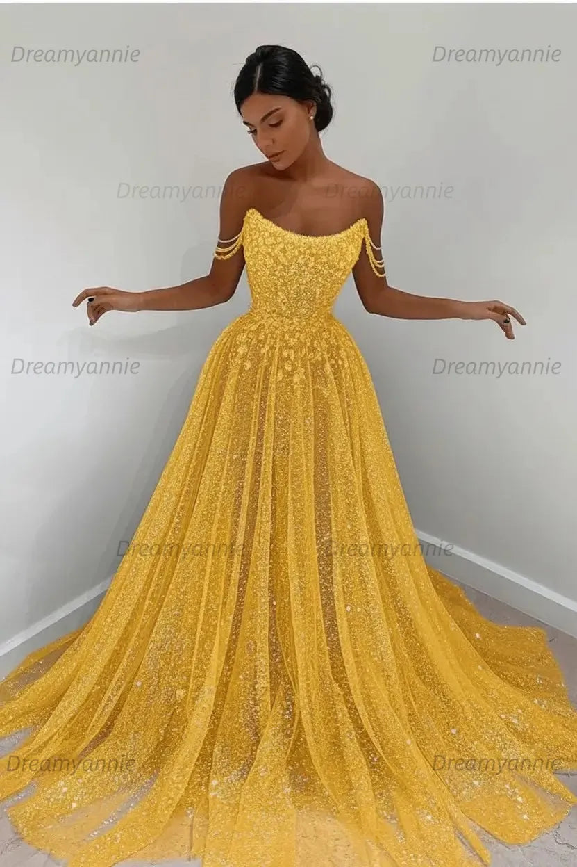 Light Blue Sequined Prom Dresses Off the Shoulder A Line Evening Dresses