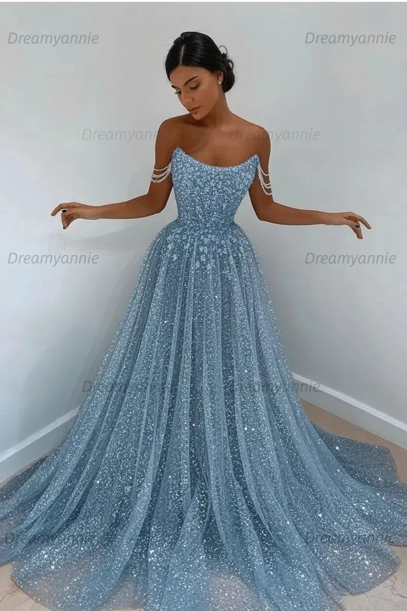 Light Blue Sequined Prom Dresses Off the Shoulder A Line Evening Dresses
