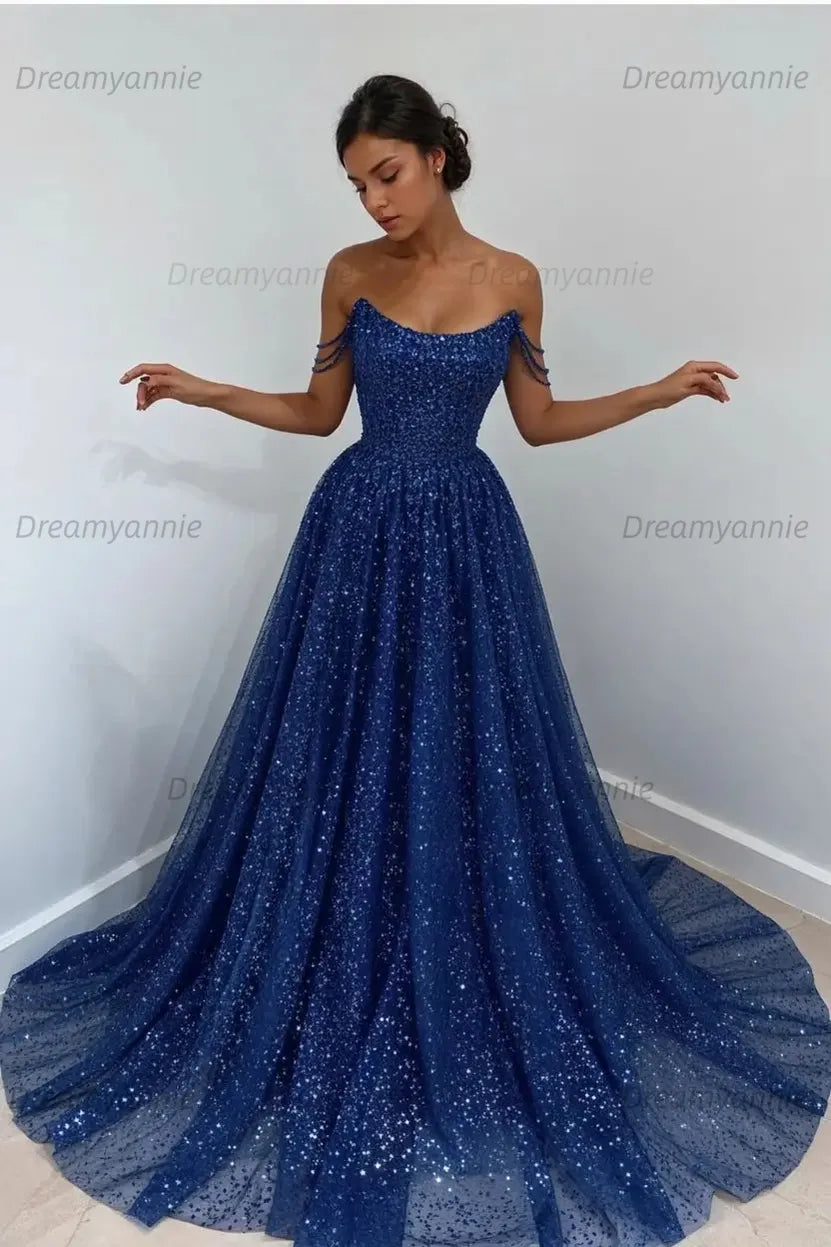 Light Blue Sequined Prom Dresses Off the Shoulder A Line Evening Dresses