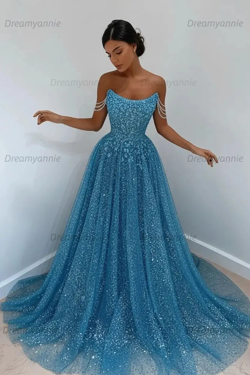 Light Blue Sequined Prom Dresses Off the Shoulder A Line Evening Dresses
