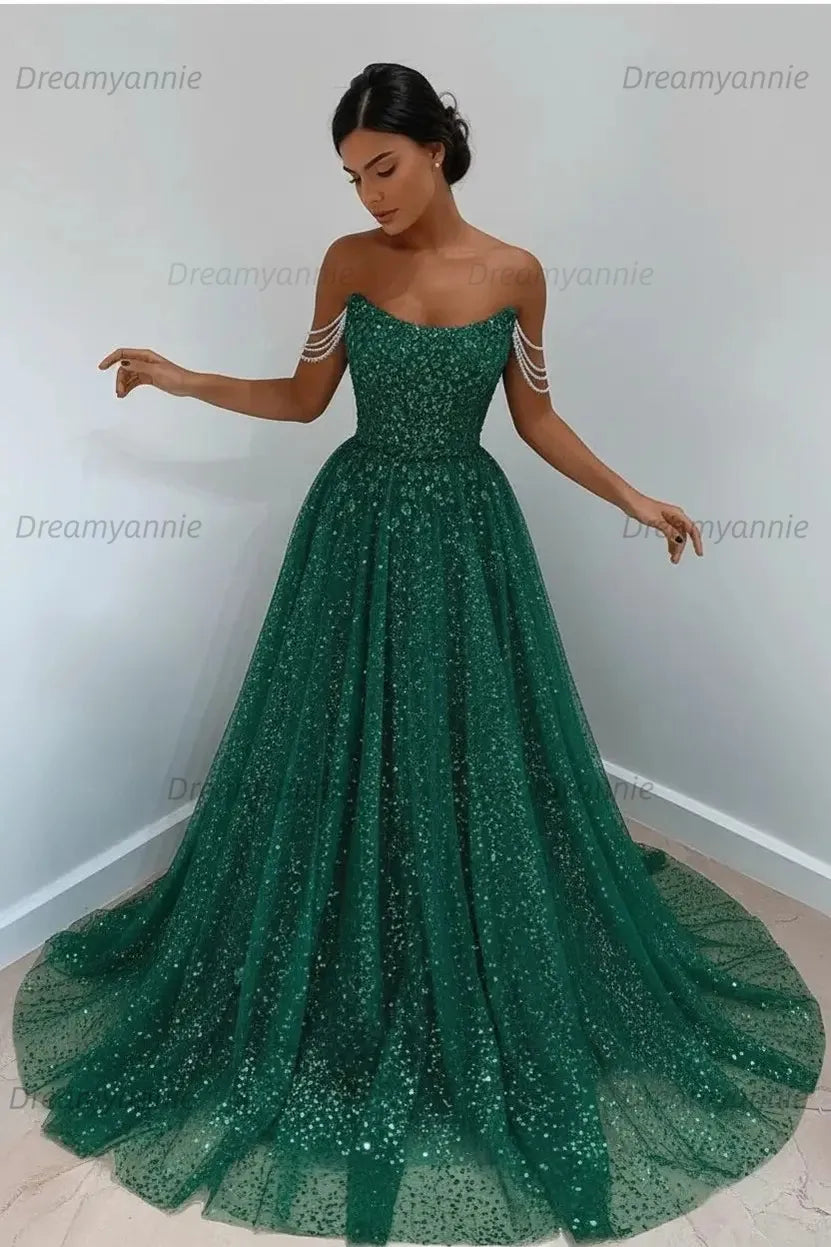 Light Blue Sequined Prom Dresses Off the Shoulder A Line Evening Dresses