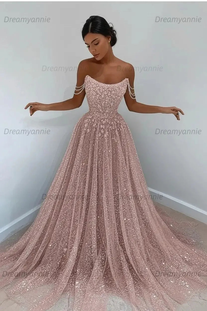 Light Blue Sequined Prom Dresses Off the Shoulder A Line Evening Dresses