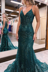 Sequins A Line Evening Dress with Appliques, Tulle, and Spaghetti Straps