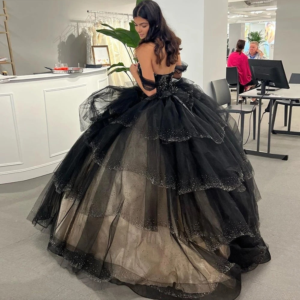 Dreamyannie UK Sexy Ball Gown Off Shoulder Sleeveless Lace Appliques Ruffles Tiered Black Tulle Quinceanera Dresses Princess Gown Birthday Prom Party Gown For Sweet 16 Dreamyannie UK Sexy Ball Gown Off Shoulder Sleeveless Lace Appliques Ruffles Tiered Black Tulle Quinceanera Dresses Princess Gown Birthday Prom Party Gown For Sweet 16