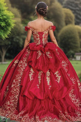 Sexy & Hot Ball Gown Off Shoulder Gold Flower Appliques Lace Up Tiered Red Tulle Quinceanera Dress Birthday Party Dress For Sweet 16
