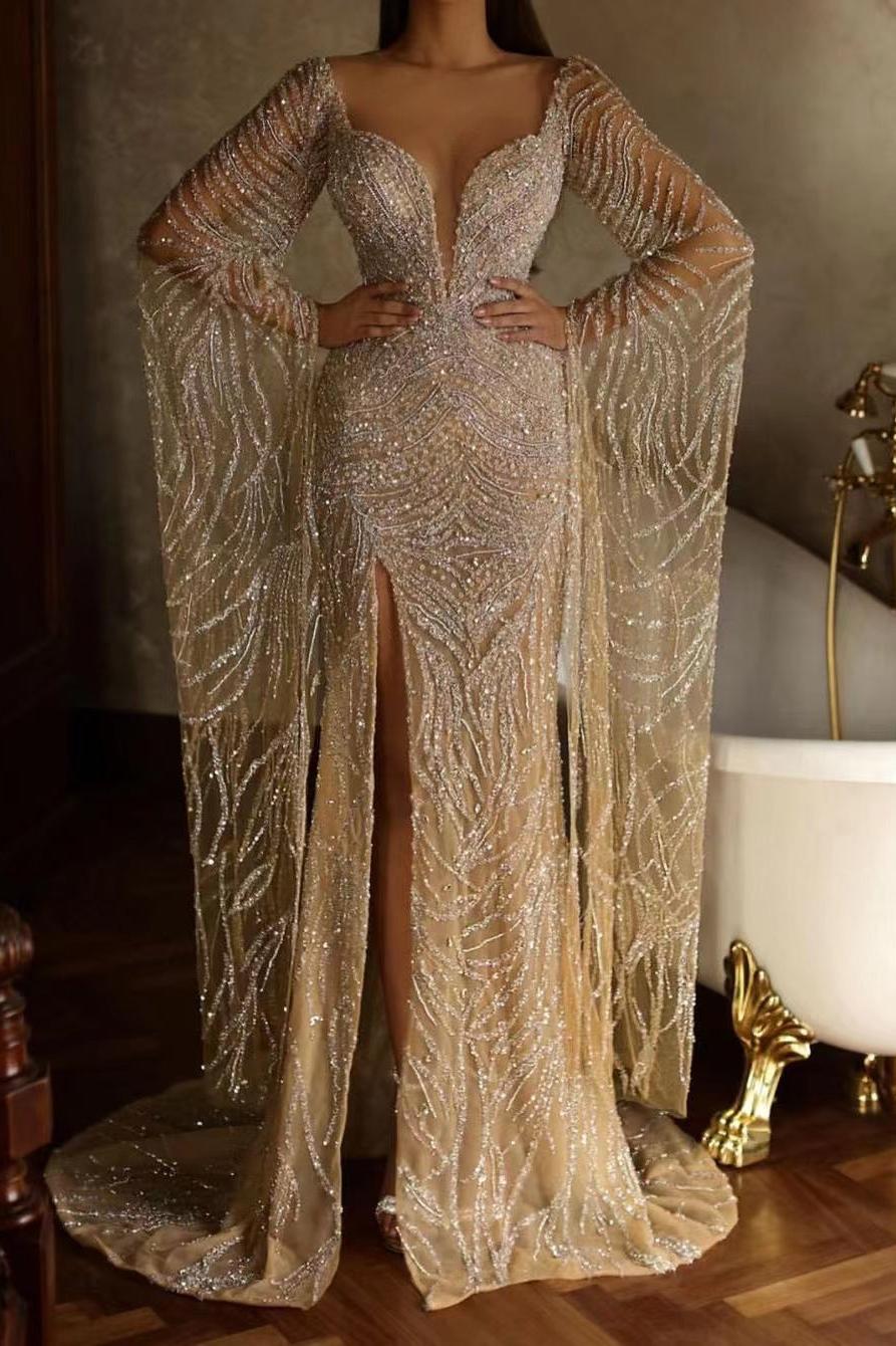 Sexy Tulle Slit Mermaid Evening Dress with Long Sleeves and Beading Sequins