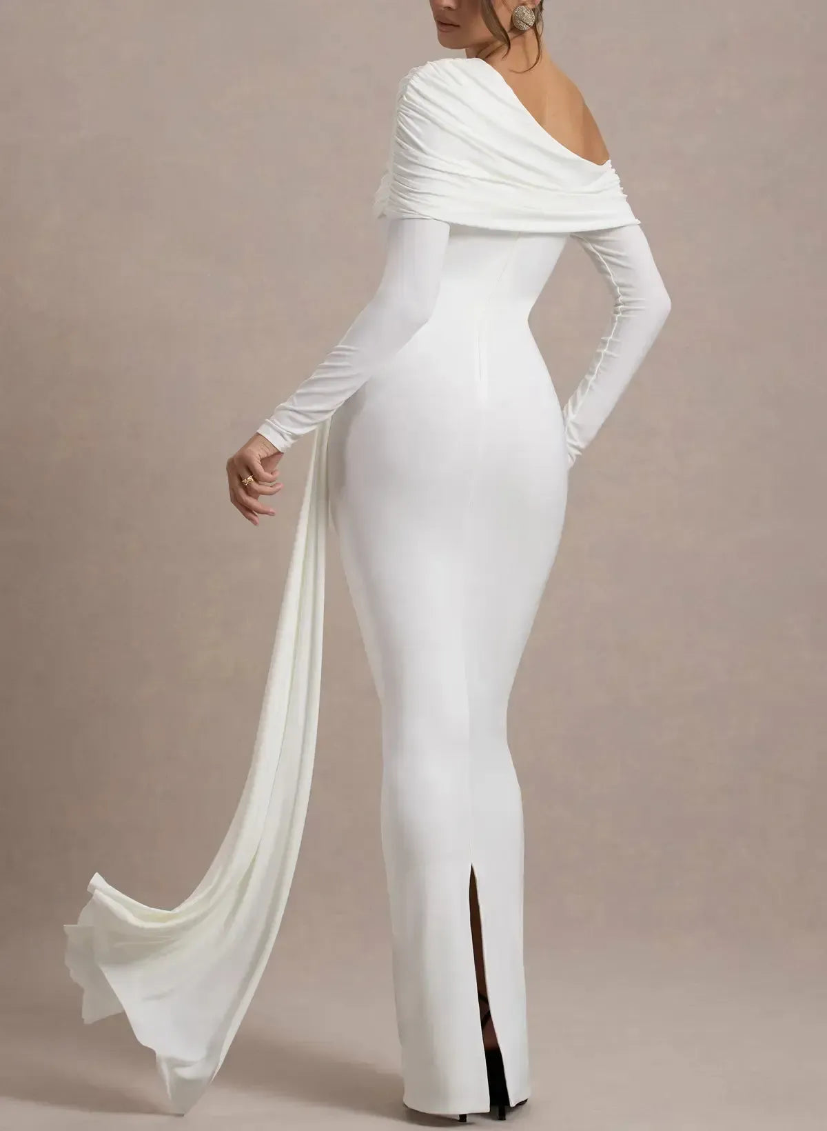 Sheath Column Asymmetrical Long Sleeves Floor Length Jersey Wedding Dress with Side Drape