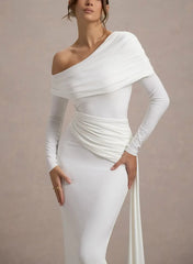 Sheath Column Asymmetrical Long Sleeves Floor Length Jersey Wedding Dress with Side Drape