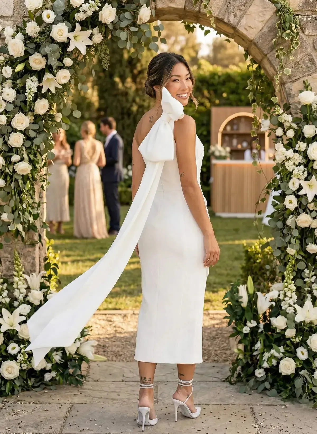 Sheath Column One Shoulder Sleeveless Ankle Length Elastic Satin Wedding Dress with Bow and Side Drape