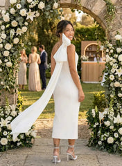 Sheath Column One Shoulder Sleeveless Ankle Length Elastic Satin Wedding Dress with Bow and Side Drape