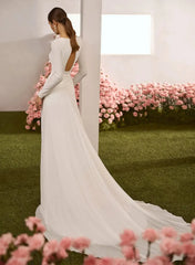 Sheath Column Square Neckline Long Sleeves Chapel Train Crepe Satin Wedding Dress