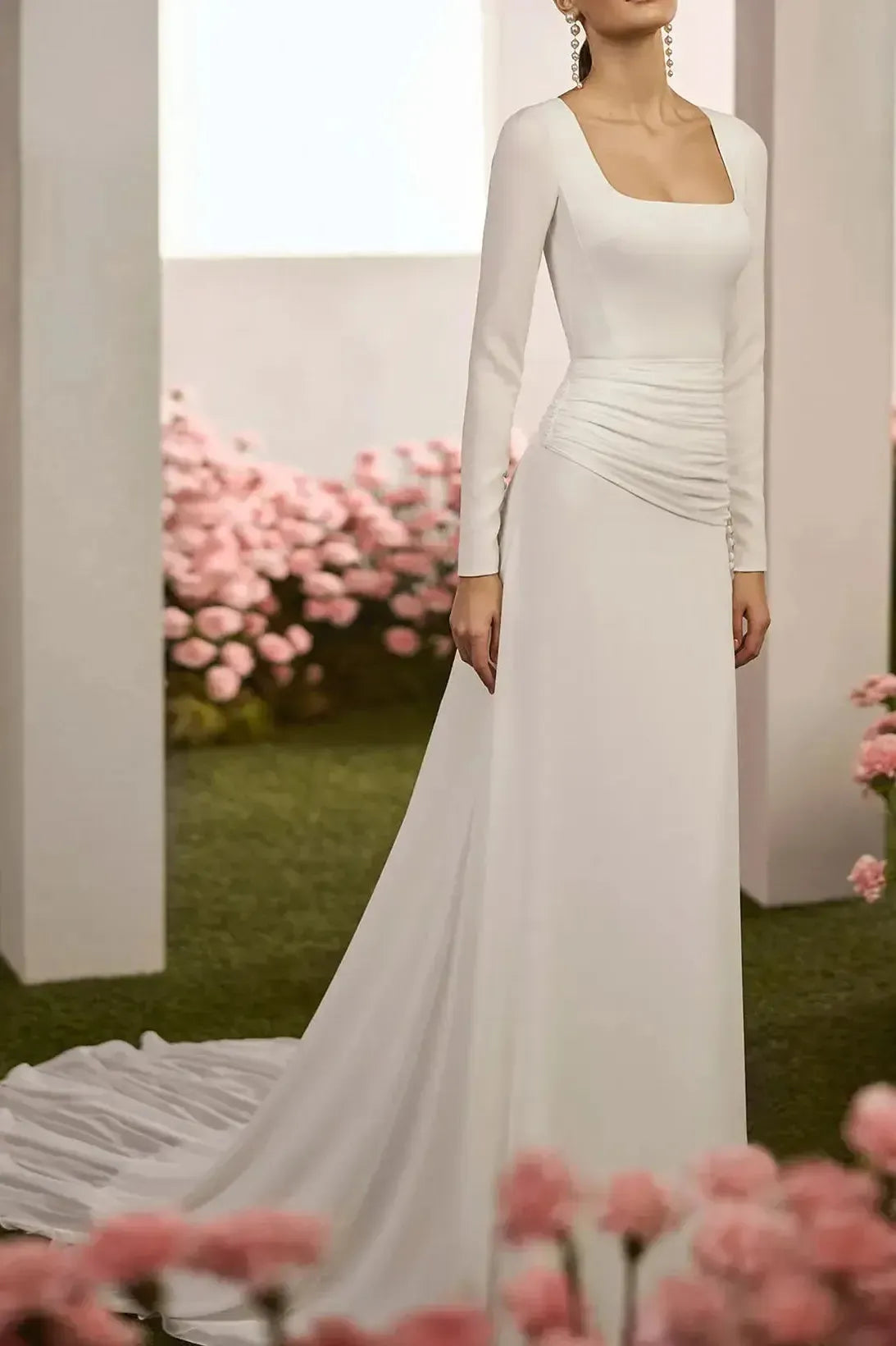 Sheath Column Square Neckline Long Sleeves Chapel Train Crepe Satin Wedding Dress