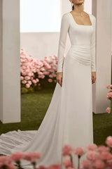 Sheath Column Square Neckline Long Sleeves Chapel Train Crepe Satin Wedding Dress