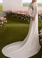 Sheath Column Square Neckline Long Sleeves Chapel Train Elastic Satin Wedding Dress