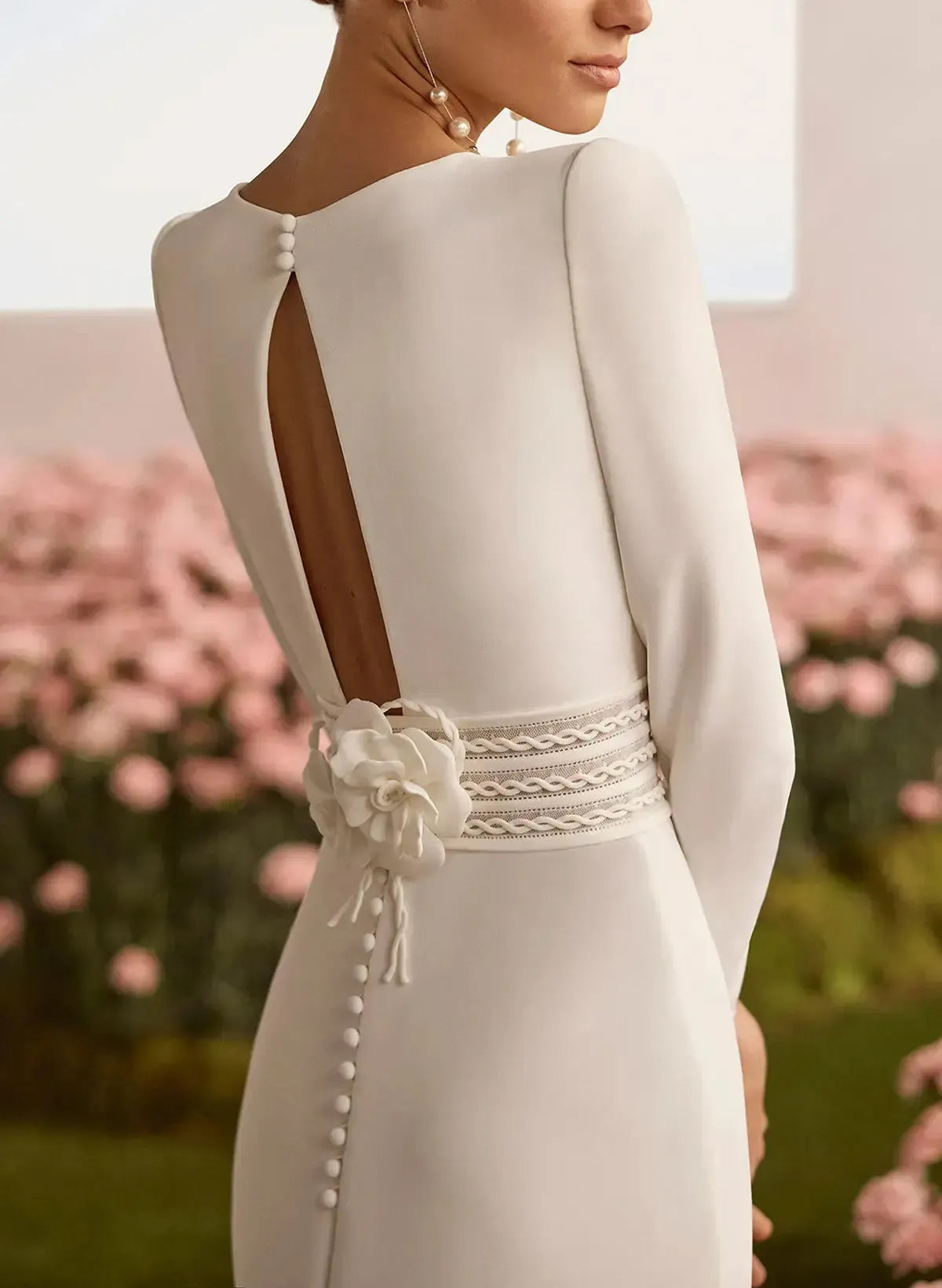 Sheath Column Square Neckline Long Sleeves Chapel Train Elastic Satin Wedding Dress