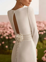 Sheath Column Square Neckline Long Sleeves Chapel Train Elastic Satin Wedding Dress