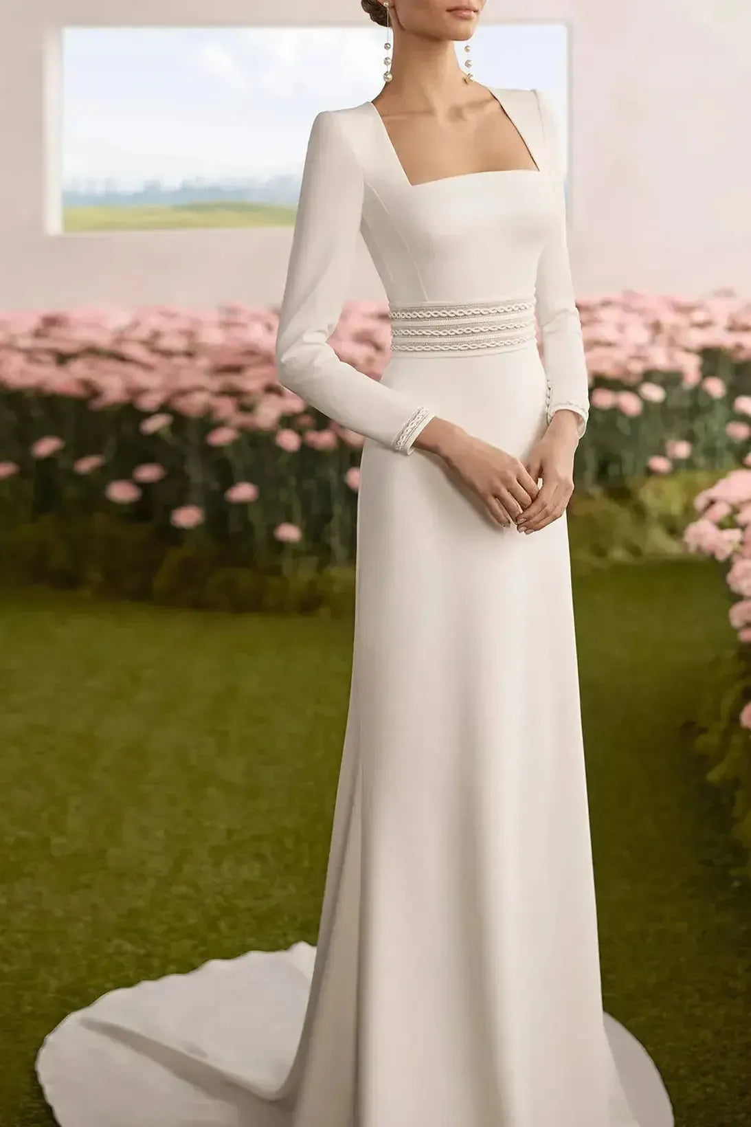 Sheath Column Square Neckline Long Sleeves Chapel Train Elastic Satin Wedding Dress