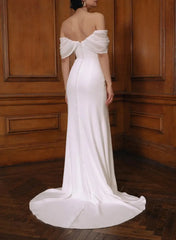 Sheath Column Sweetheart Sleeveless Court Train Chiffon Satin Wedding Dress with High Slit