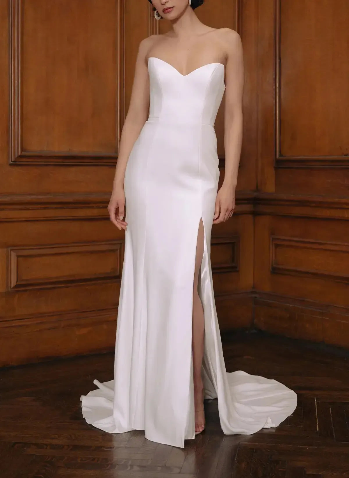 Sheath Column Sweetheart Sleeveless Court Train Chiffon Satin Wedding Dress with High Slit