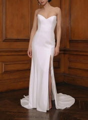 Sheath Column Sweetheart Sleeveless Court Train Chiffon Satin Wedding Dress with High Slit